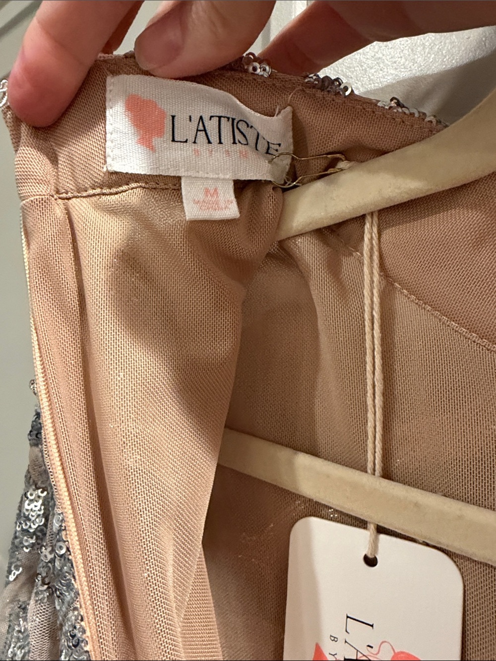 Embellished Nude Long-Sleeve Cocktail Dress with Silver Sequins by La - Picture 6 of 9
